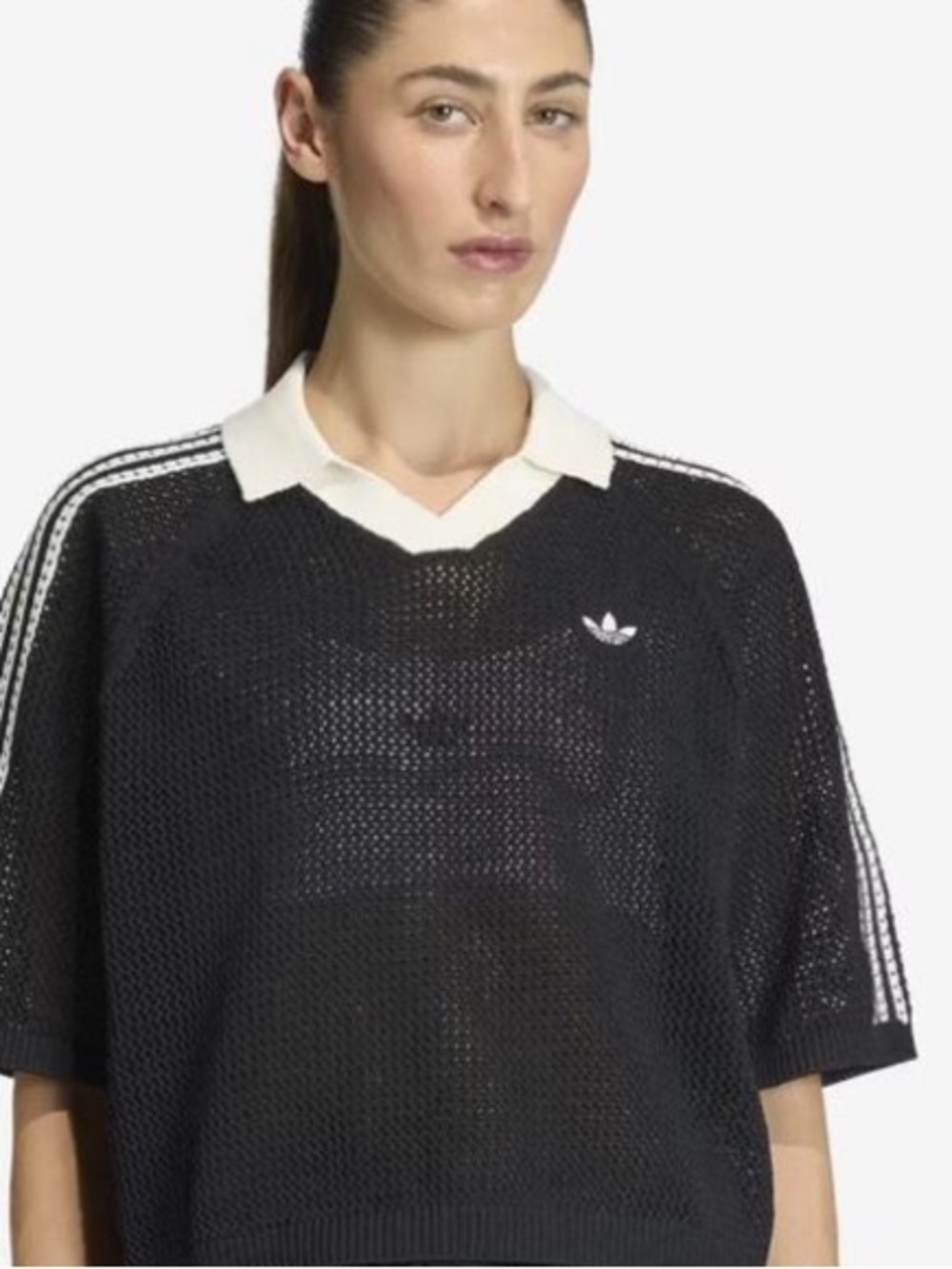 adidas Black Mesh V-Neck Sweater with White Collar